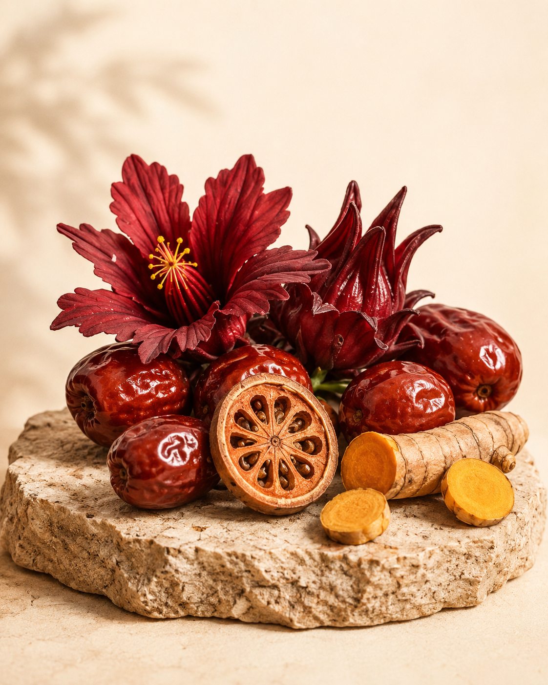 Freshly harvested roselle, jujube and turmeric
