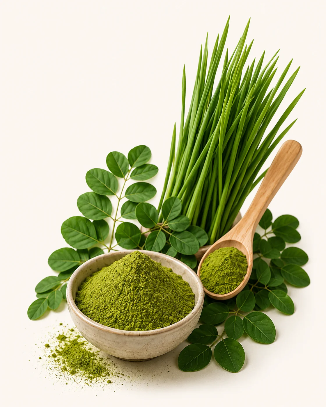 Bowl of green powder with wheatgrass and moringa leaves